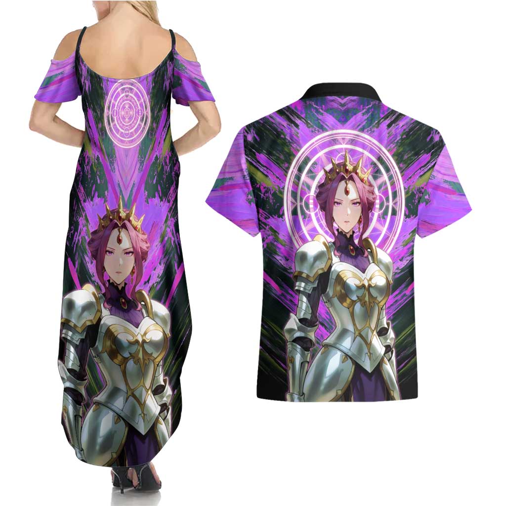 Mirellia Q Melromarc The Rising of the Shield Hero Couples Matching Summer Maxi Dress and Hawaiian Shirt with Queen Armor and Magical Emblem Background - The Mazicc