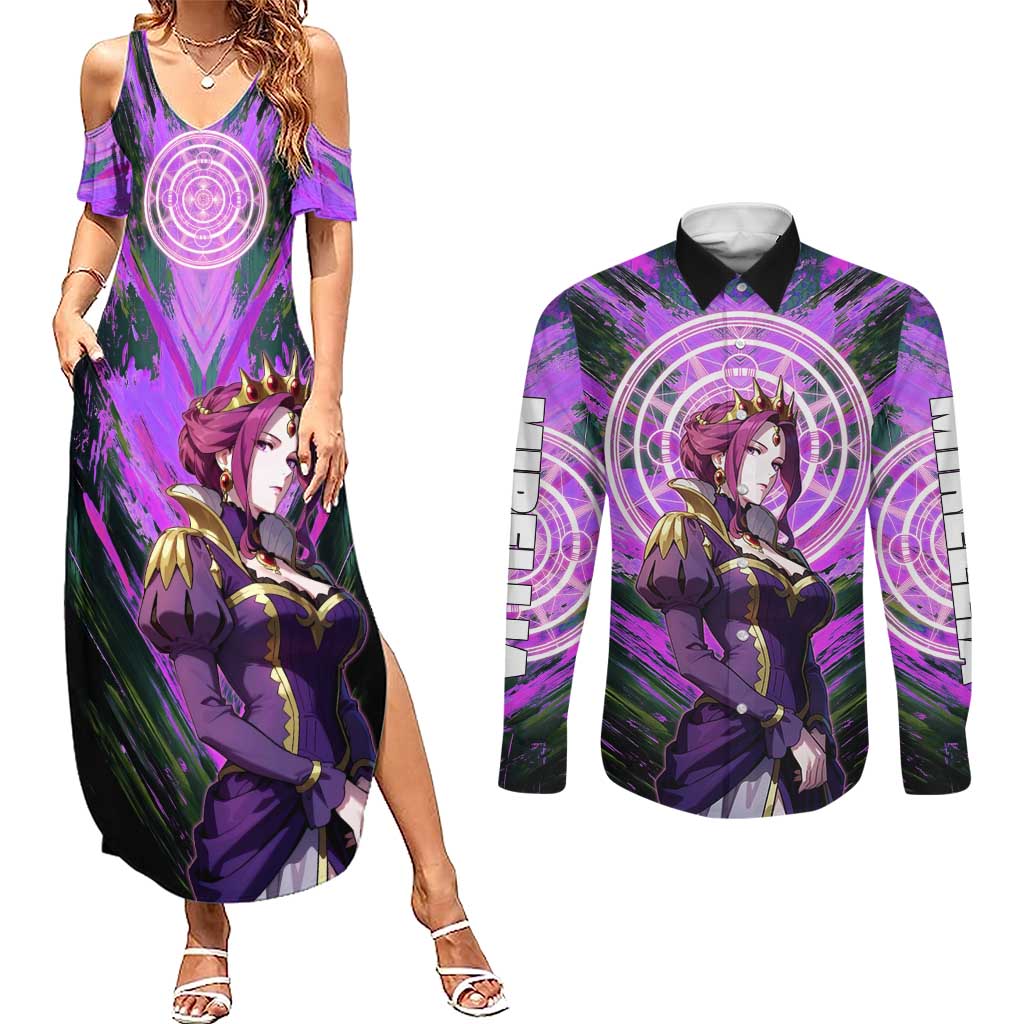Mirellia Q Melromarc The Rising of the Shield Hero Couples Matching Summer Maxi Dress and Long Sleeve Button Shirt with Queen Armor and Magical Emblem Background - The Mazicc
