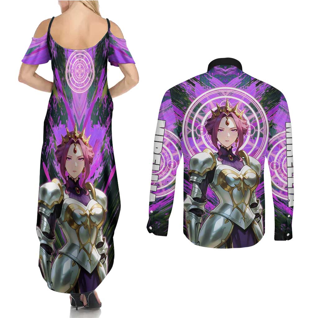 Mirellia Q Melromarc The Rising of the Shield Hero Couples Matching Summer Maxi Dress and Long Sleeve Button Shirt with Queen Armor and Magical Emblem Background - The Mazicc