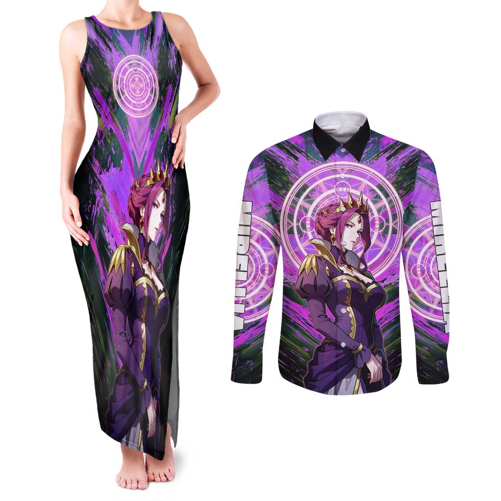 Mirellia Q Melromarc The Rising of the Shield Hero Couples Matching Tank Maxi Dress and Long Sleeve Button Shirt with Queen Armor and Magical Emblem Background - The Mazicc