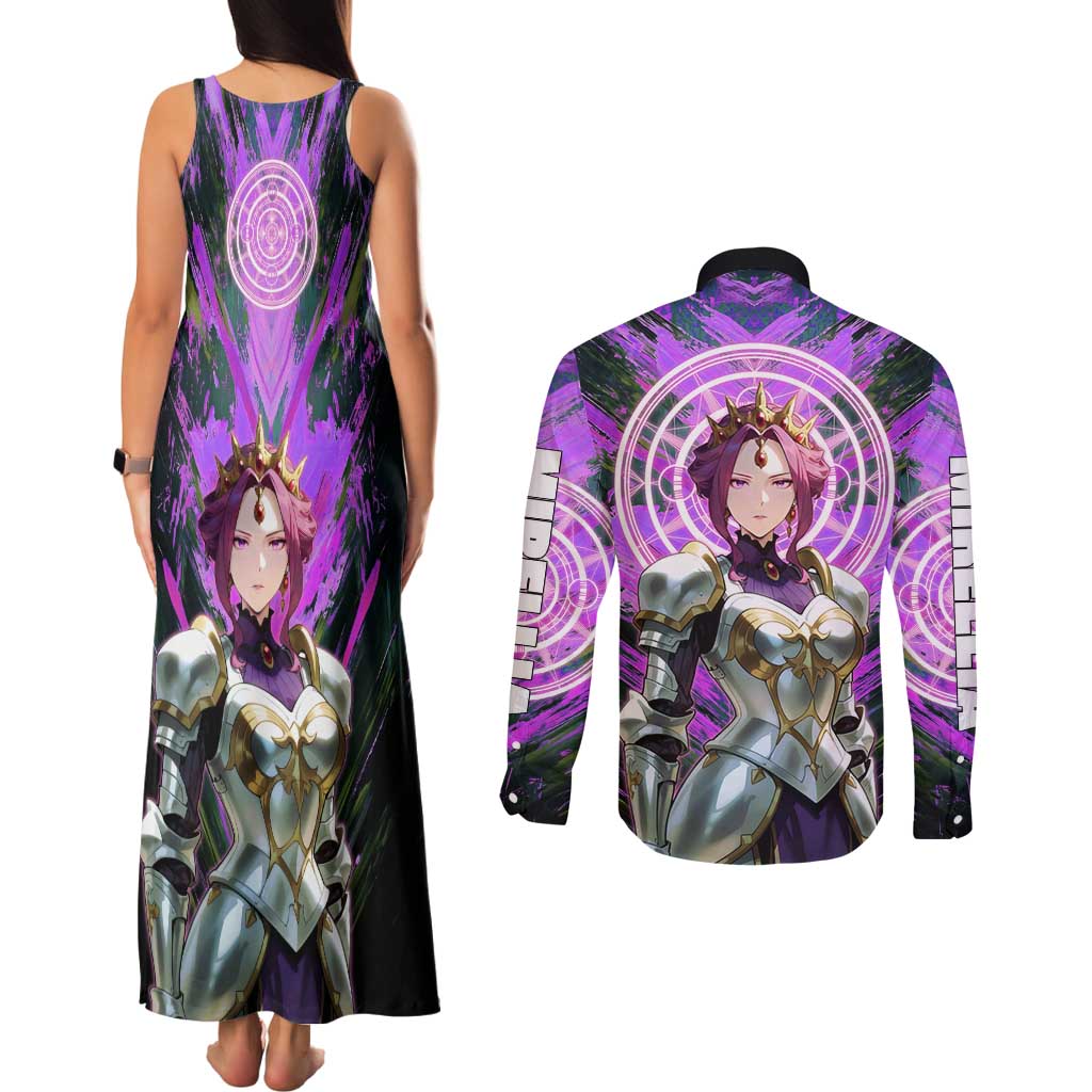 Mirellia Q Melromarc The Rising of the Shield Hero Couples Matching Tank Maxi Dress and Long Sleeve Button Shirt with Queen Armor and Magical Emblem Background - The Mazicc