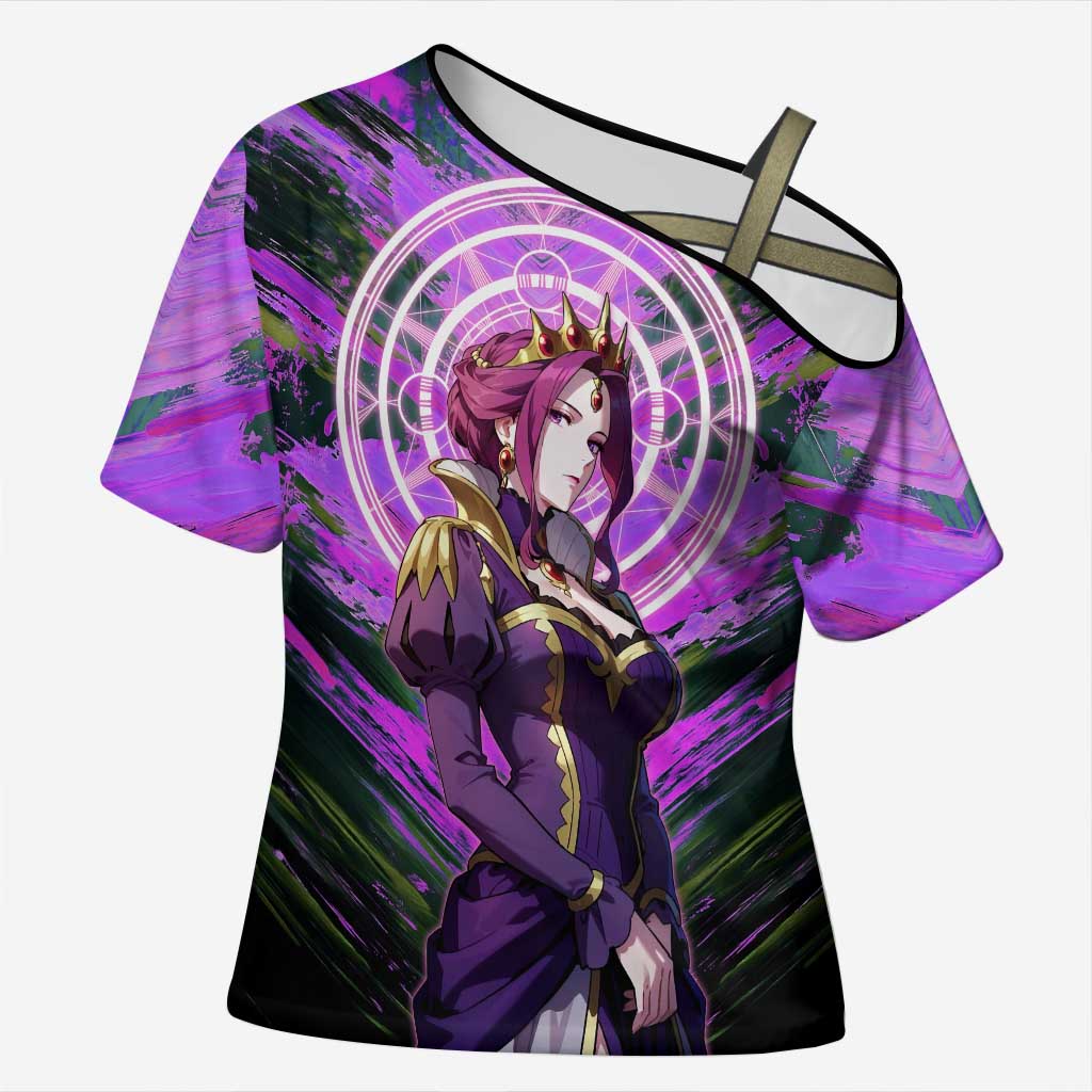 Mirellia Q Melromarc The Rising of the Shield Hero Cross Shoulder Shirt with Queen Armor and Magical Emblem Background - The Mazicc