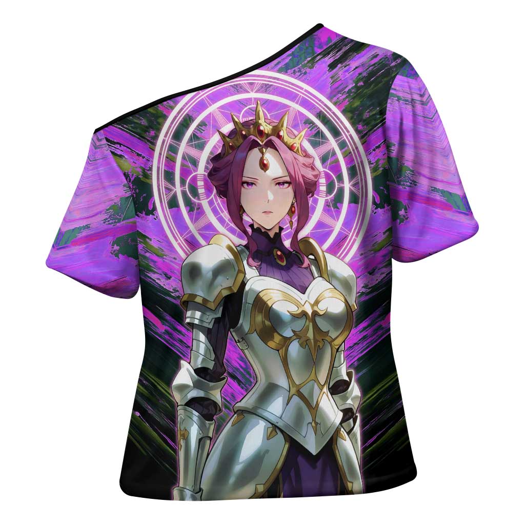 Mirellia Q Melromarc The Rising of the Shield Hero Cross Shoulder Shirt with Queen Armor and Magical Emblem Background - The Mazicc