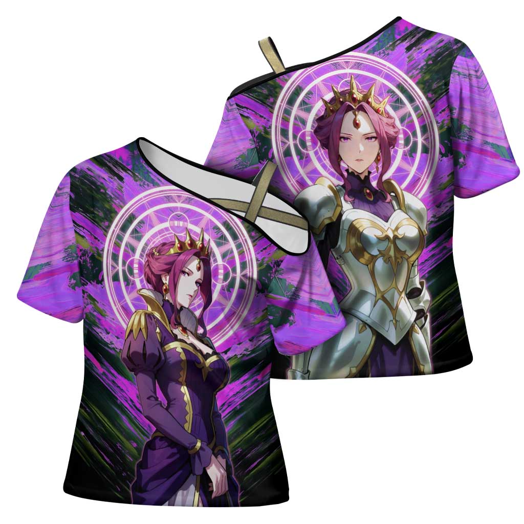 Mirellia Q Melromarc The Rising of the Shield Hero Cross Shoulder Shirt with Queen Armor and Magical Emblem Background - The Mazicc
