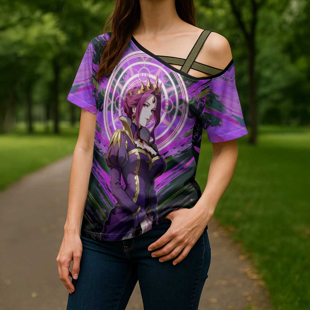 Mirellia Q Melromarc The Rising of the Shield Hero Cross Shoulder Shirt with Queen Armor and Magical Emblem Background - The Mazicc