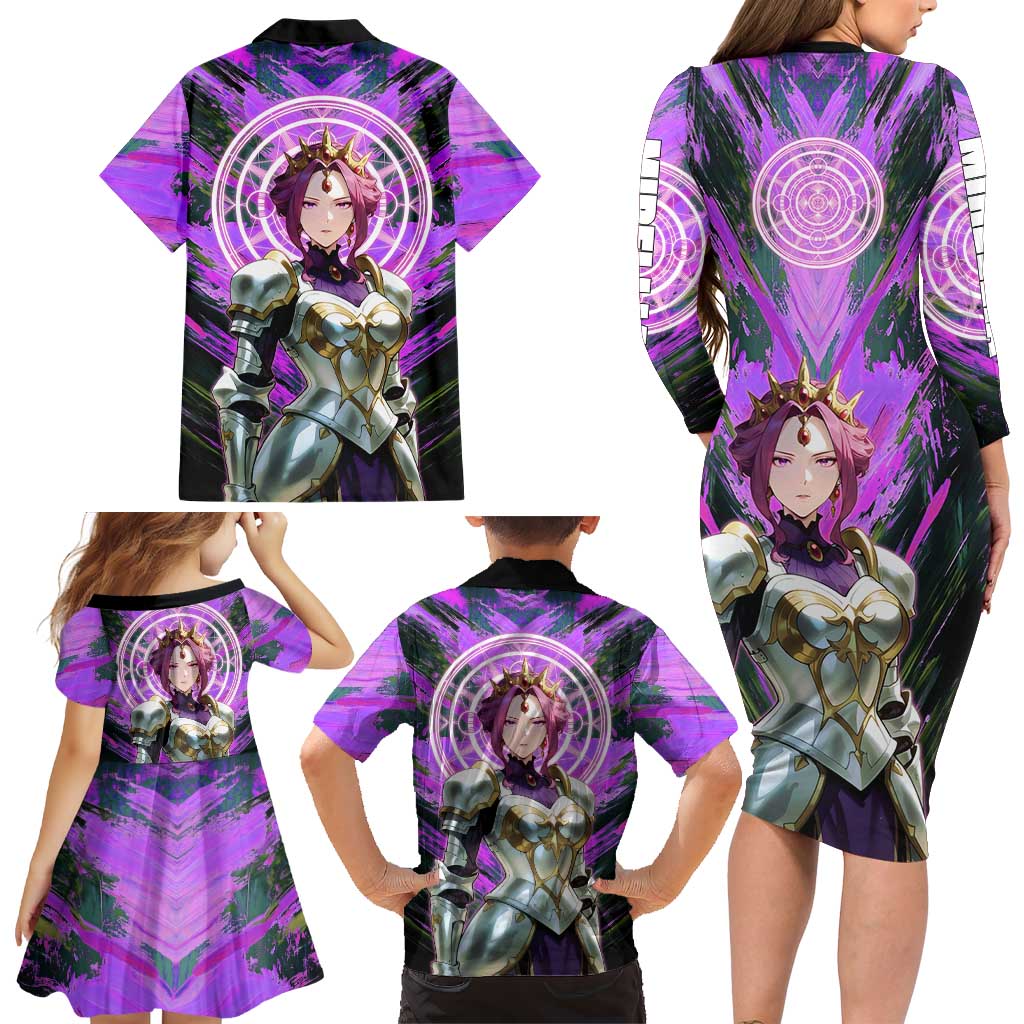 Mirellia Q Melromarc The Rising of the Shield Hero Family Matching Long Sleeve Bodycon Dress and Hawaiian Shirt with Queen Armor and Magical Emblem Background