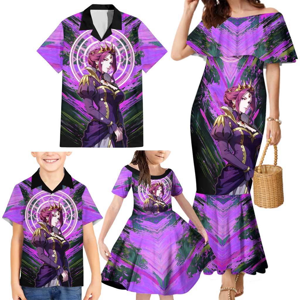 Mirellia Q Melromarc The Rising of the Shield Hero Family Matching Mermaid Dress and Hawaiian Shirt with Queen Armor and Magical Emblem Background