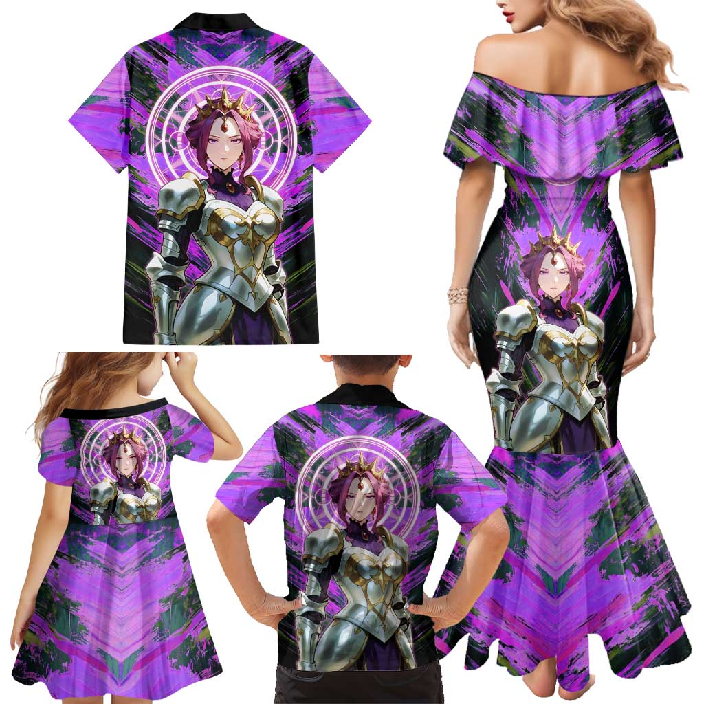 Mirellia Q Melromarc The Rising of the Shield Hero Family Matching Mermaid Dress and Hawaiian Shirt with Queen Armor and Magical Emblem Background