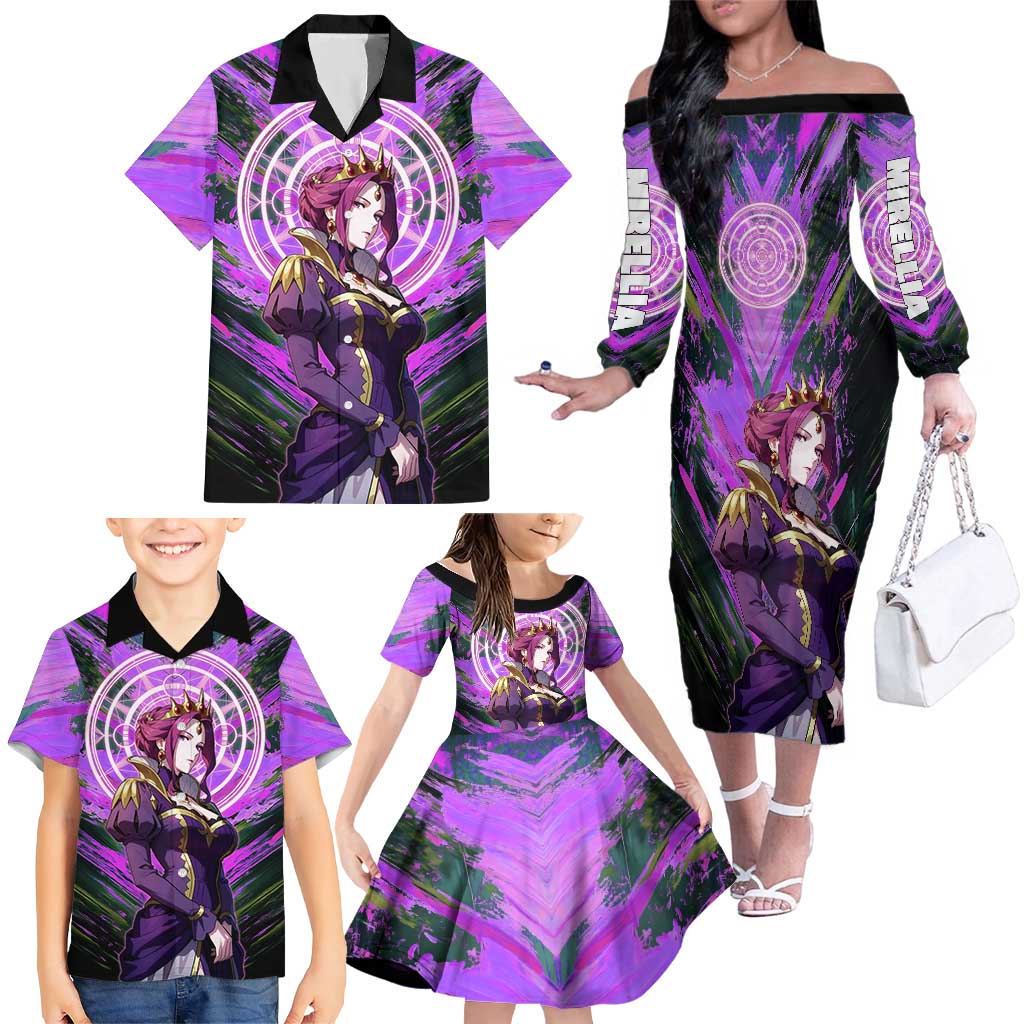 Mirellia Q Melromarc The Rising of the Shield Hero Family Matching Off The Shoulder Long Sleeve Dress and Hawaiian Shirt with Queen Armor and Magical Emblem Background