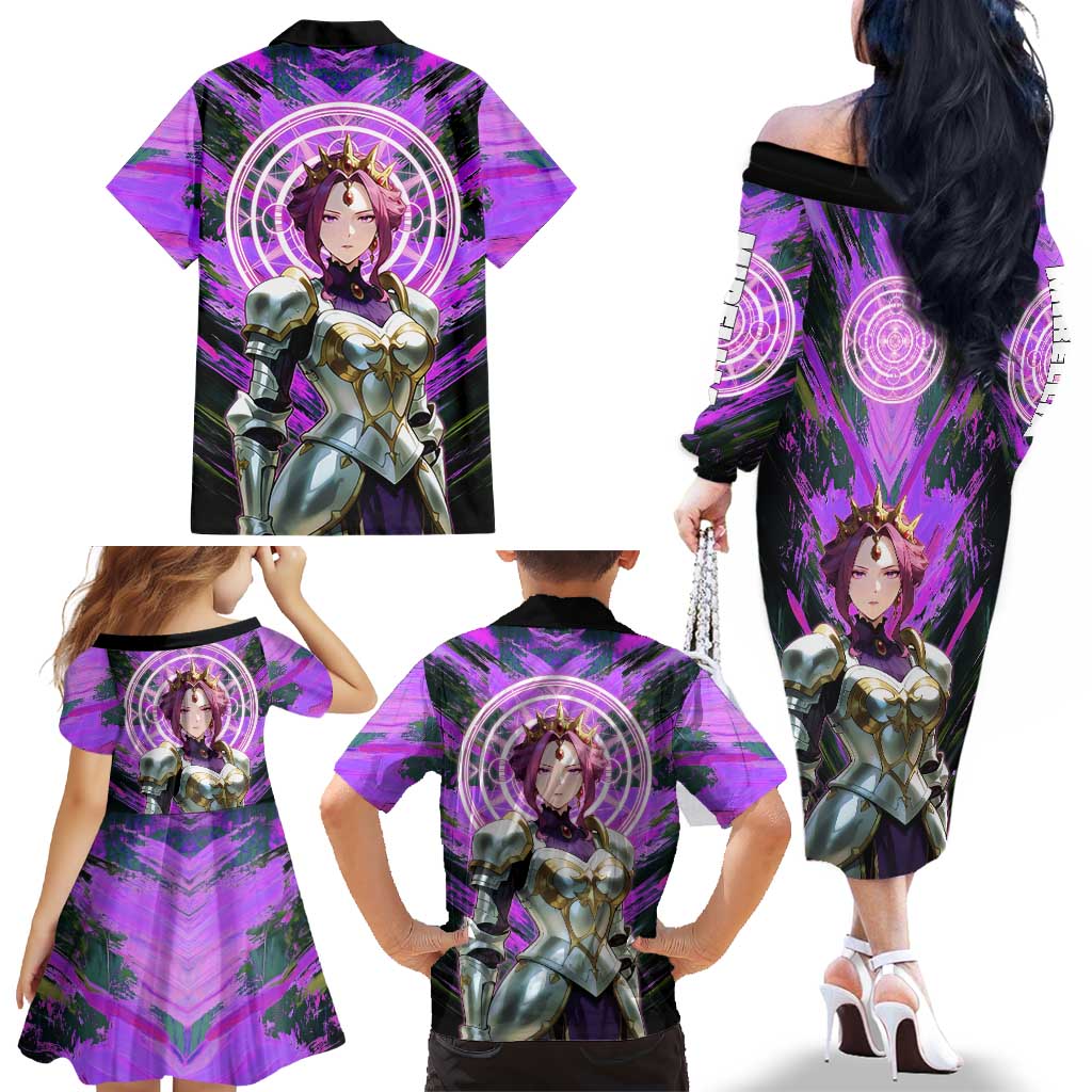 Mirellia Q Melromarc The Rising of the Shield Hero Family Matching Off The Shoulder Long Sleeve Dress and Hawaiian Shirt with Queen Armor and Magical Emblem Background