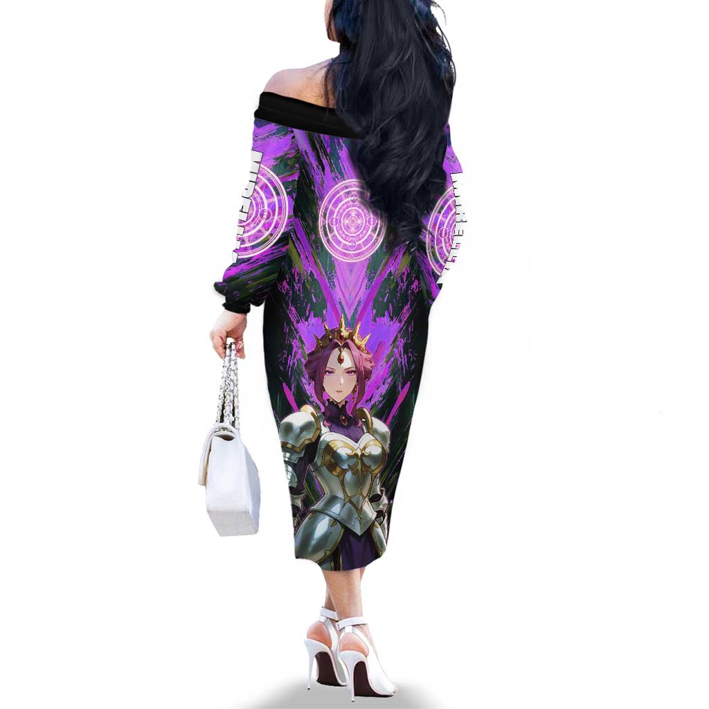 Mirellia Q Melromarc The Rising of the Shield Hero Family Matching Off The Shoulder Long Sleeve Dress and Hawaiian Shirt with Queen Armor and Magical Emblem Background