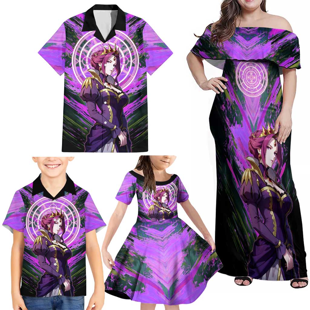 Mirellia Q Melromarc The Rising of the Shield Hero Family Matching Off Shoulder Maxi Dress and Hawaiian Shirt with Queen Armor and Magical Emblem Background