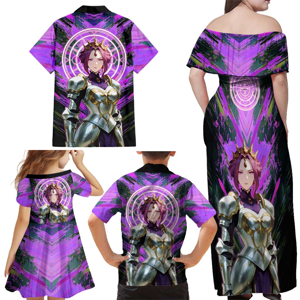 Mirellia Q Melromarc The Rising of the Shield Hero Family Matching Off Shoulder Maxi Dress and Hawaiian Shirt with Queen Armor and Magical Emblem Background