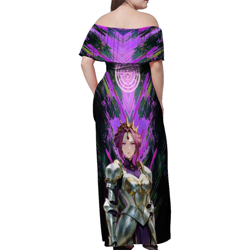 Mirellia Q Melromarc The Rising of the Shield Hero Family Matching Off Shoulder Maxi Dress and Hawaiian Shirt with Queen Armor and Magical Emblem Background