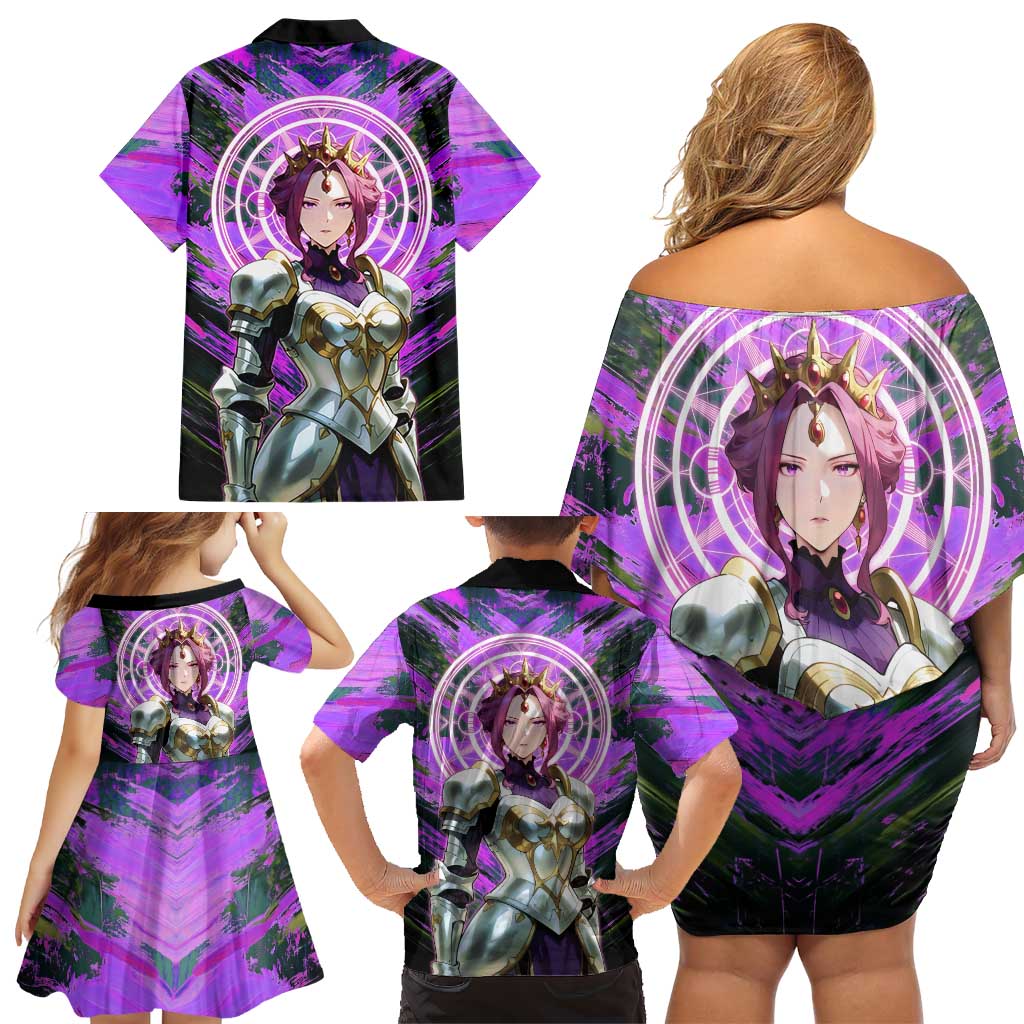 Mirellia Q Melromarc The Rising of the Shield Hero Family Matching Off Shoulder Short Dress and Hawaiian Shirt with Queen Armor and Magical Emblem Background