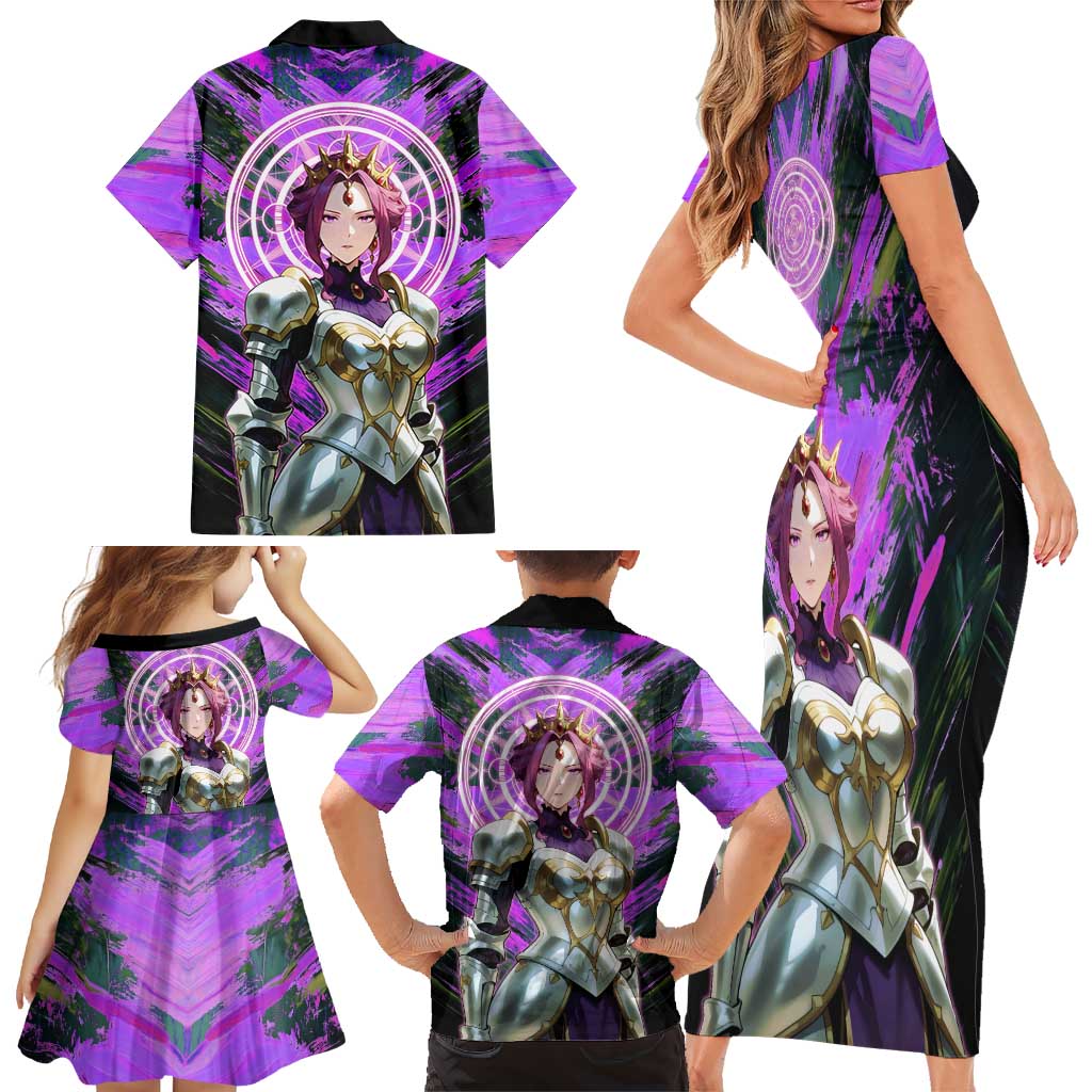 Mirellia Q Melromarc The Rising of the Shield Hero Family Matching Short Sleeve Bodycon Dress and Hawaiian Shirt with Queen Armor and Magical Emblem Background