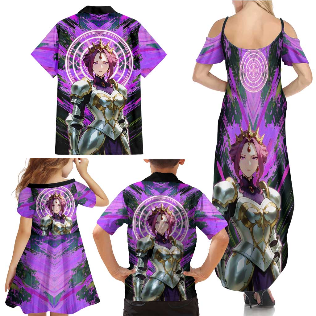 Mirellia Q Melromarc The Rising of the Shield Hero Family Matching Summer Maxi Dress and Hawaiian Shirt with Queen Armor and Magical Emblem Background