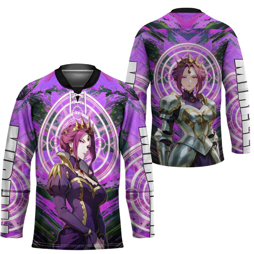 Mirellia Q Melromarc The Rising of the Shield Hero Hockey Jersey with Queen Armor and Magical Emblem Background - The Mazicc