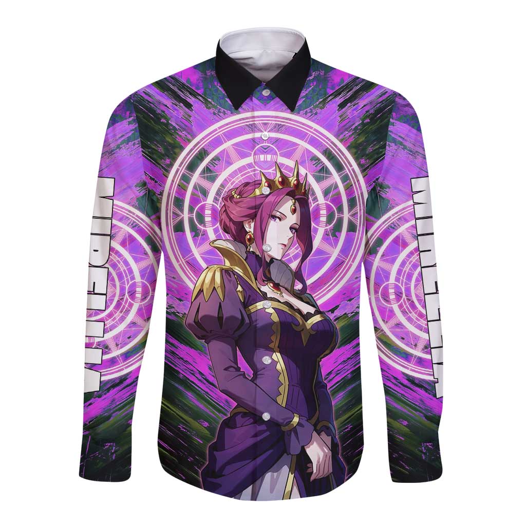 Mirellia Q Melromarc The Rising of the Shield Hero Long Sleeve Button Shirt with Queen Armor and Magical Emblem Background - The Mazicc