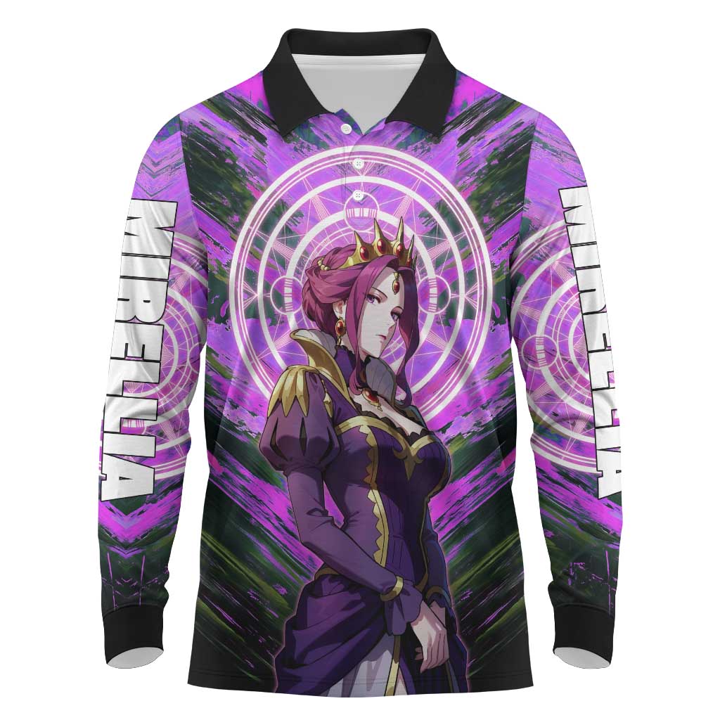 Mirellia Q Melromarc The Rising of the Shield Hero Long Sleeve Polo Shirt with Queen Armor and Magical Emblem Background - The Mazicc
