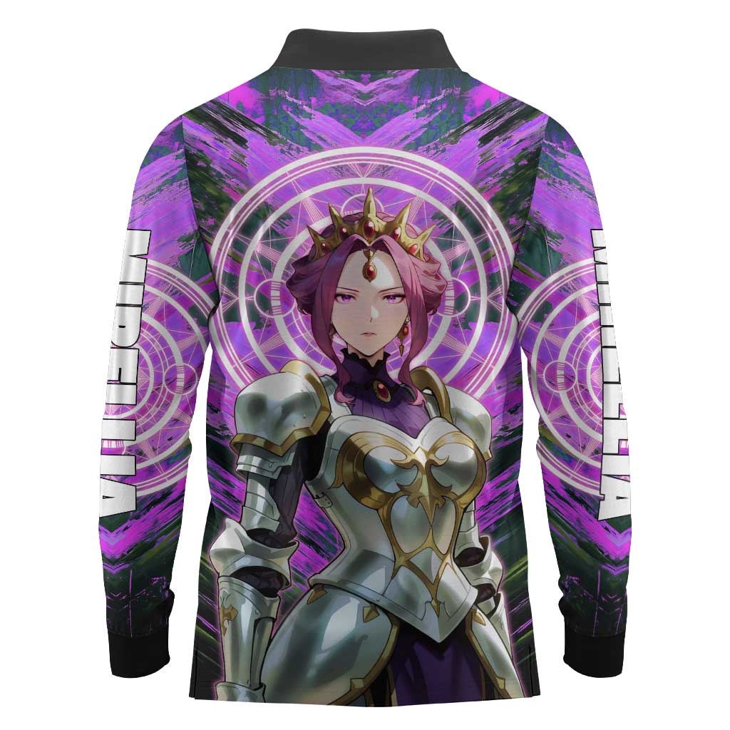 Mirellia Q Melromarc The Rising of the Shield Hero Long Sleeve Polo Shirt with Queen Armor and Magical Emblem Background - The Mazicc
