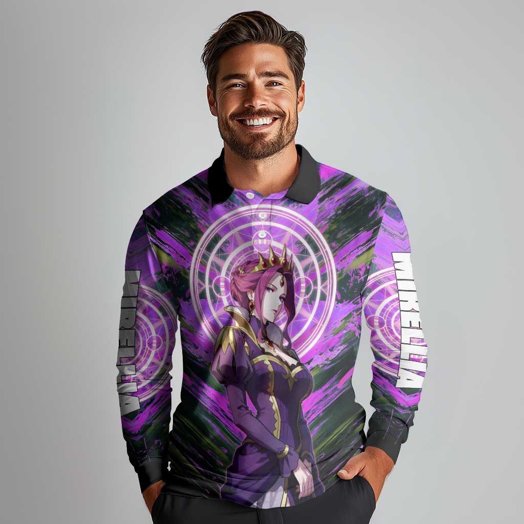Mirellia Q Melromarc The Rising of the Shield Hero Long Sleeve Polo Shirt with Queen Armor and Magical Emblem Background - The Mazicc
