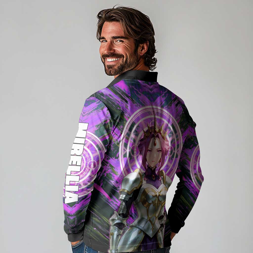 Mirellia Q Melromarc The Rising of the Shield Hero Long Sleeve Polo Shirt with Queen Armor and Magical Emblem Background - The Mazicc
