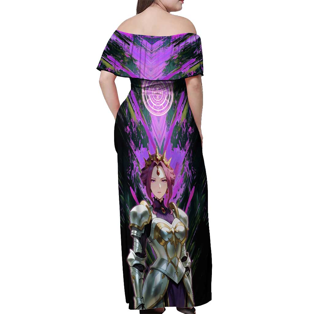 Mirellia Q Melromarc The Rising of the Shield Hero Off Shoulder Maxi Dress with Queen Armor and Magical Emblem Background - The Mazicc