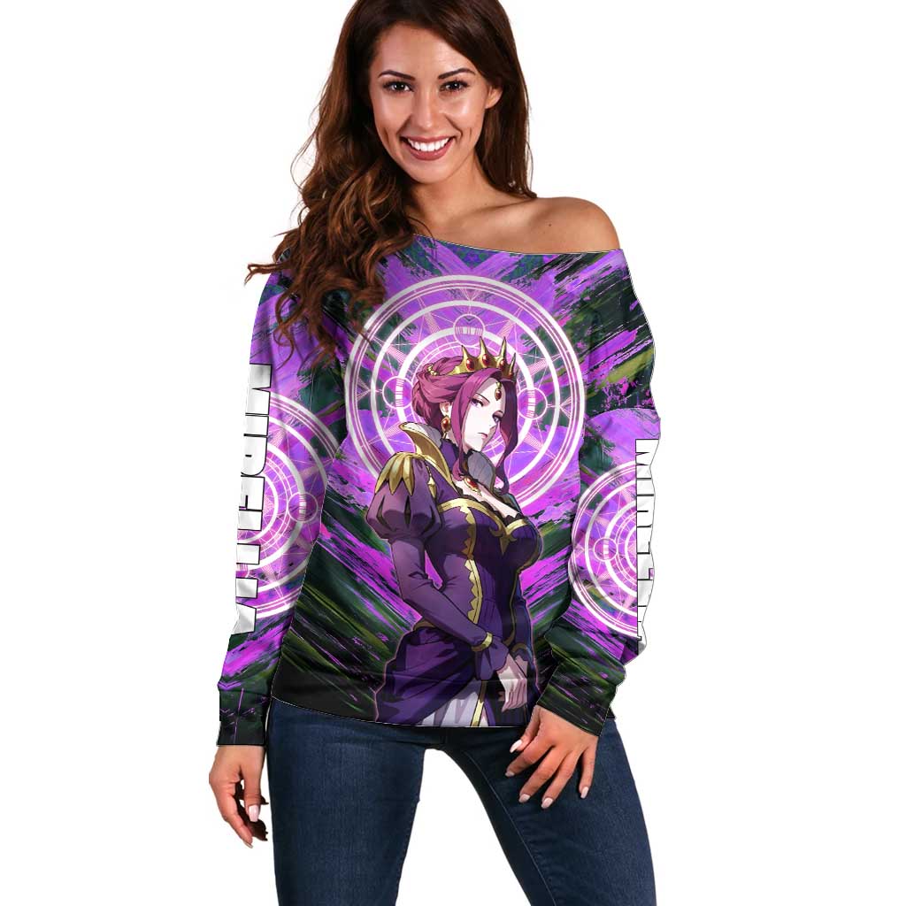 Mirellia Q Melromarc The Rising of the Shield Hero Off Shoulder Sweater with Queen Armor and Magical Emblem Background - The Mazicc