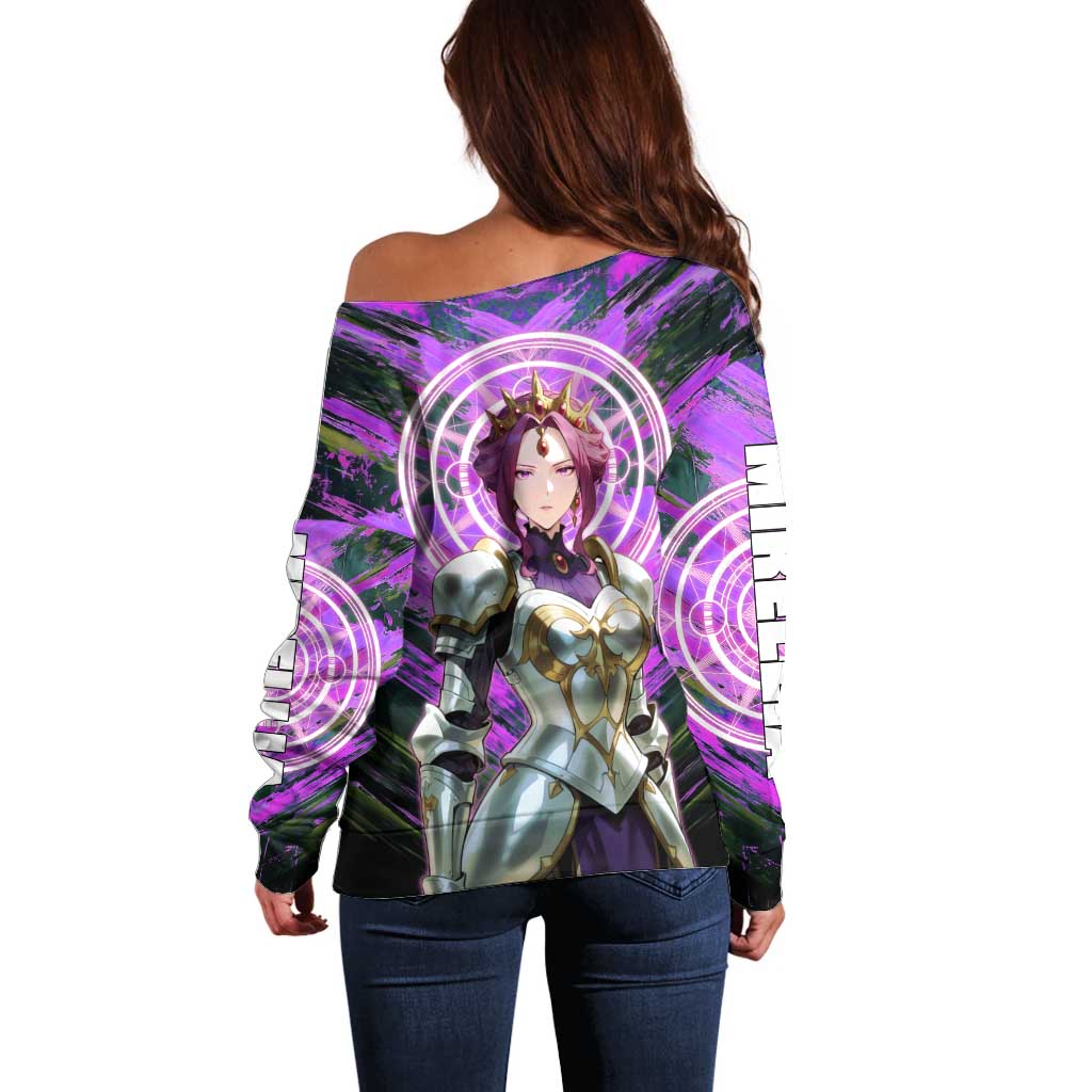 Mirellia Q Melromarc The Rising of the Shield Hero Off Shoulder Sweater with Queen Armor and Magical Emblem Background - The Mazicc