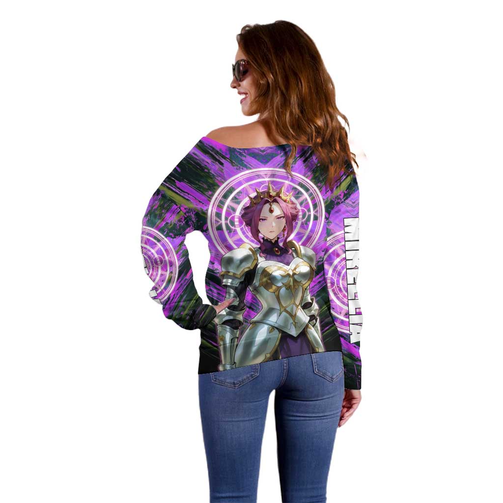 Mirellia Q Melromarc The Rising of the Shield Hero Off Shoulder Sweater with Queen Armor and Magical Emblem Background - The Mazicc