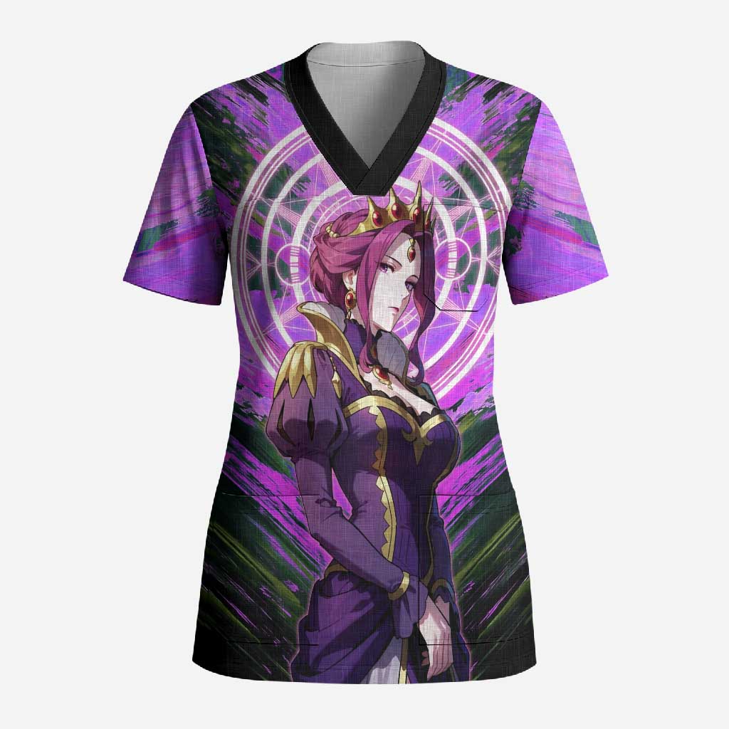Mirellia Q Melromarc The Rising of the Shield Hero Scrub Top with Queen Armor and Magical Emblem Background - The Mazicc