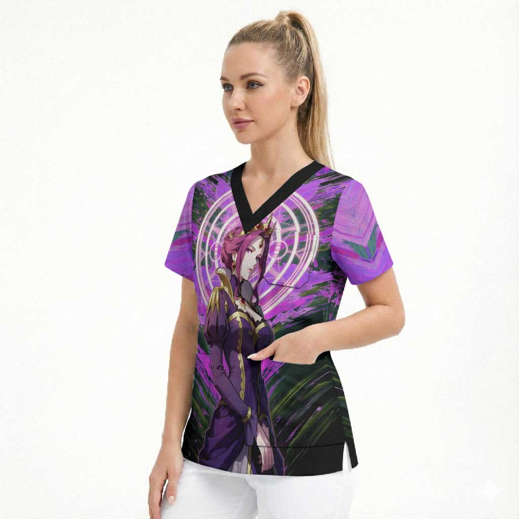 Mirellia Q Melromarc The Rising of the Shield Hero Scrub Top with Queen Armor and Magical Emblem Background - The Mazicc