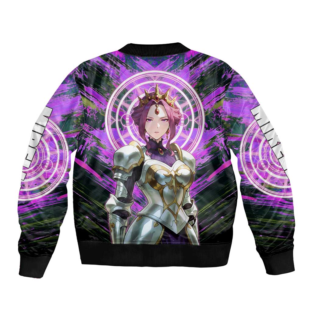 Mirellia Q Melromarc The Rising of the Shield Hero Sleeve Zip Bomber Jacket with Queen Armor and Magical Emblem Background - The Mazicc