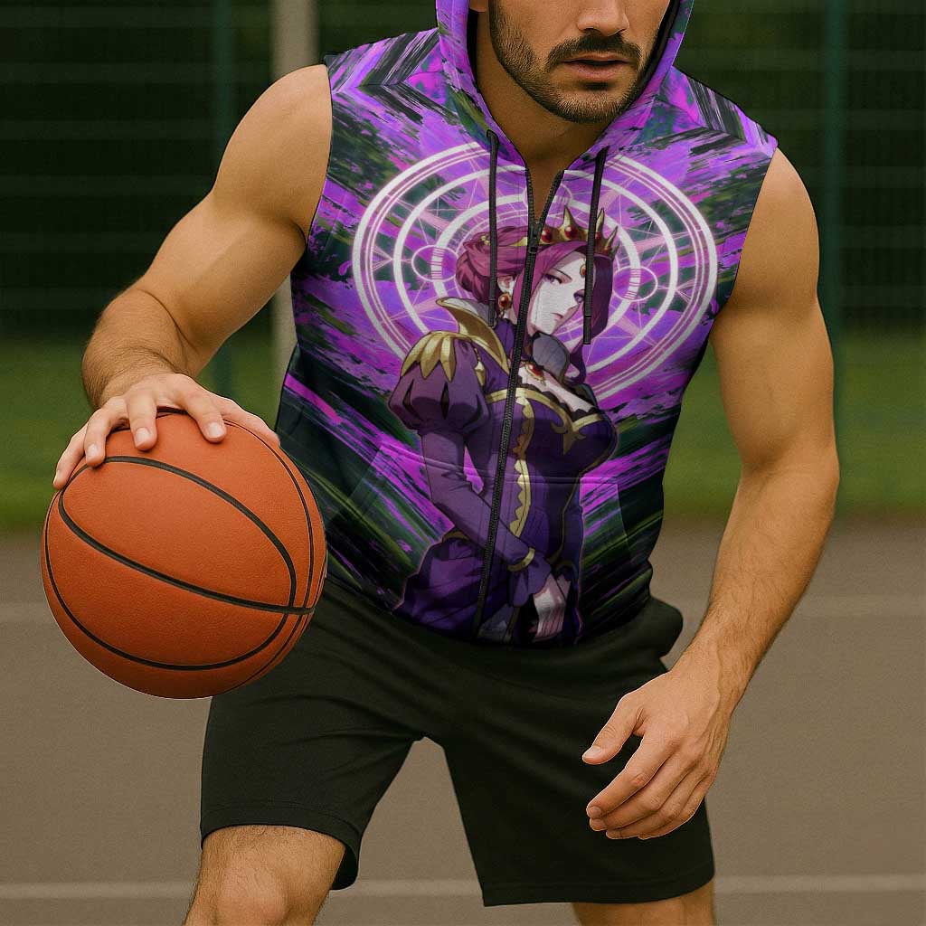 Mirellia Q Melromarc The Rising of the Shield Hero Sleeveless Zip Hoodie with Queen Armor and Magical Emblem Background - The Mazicc