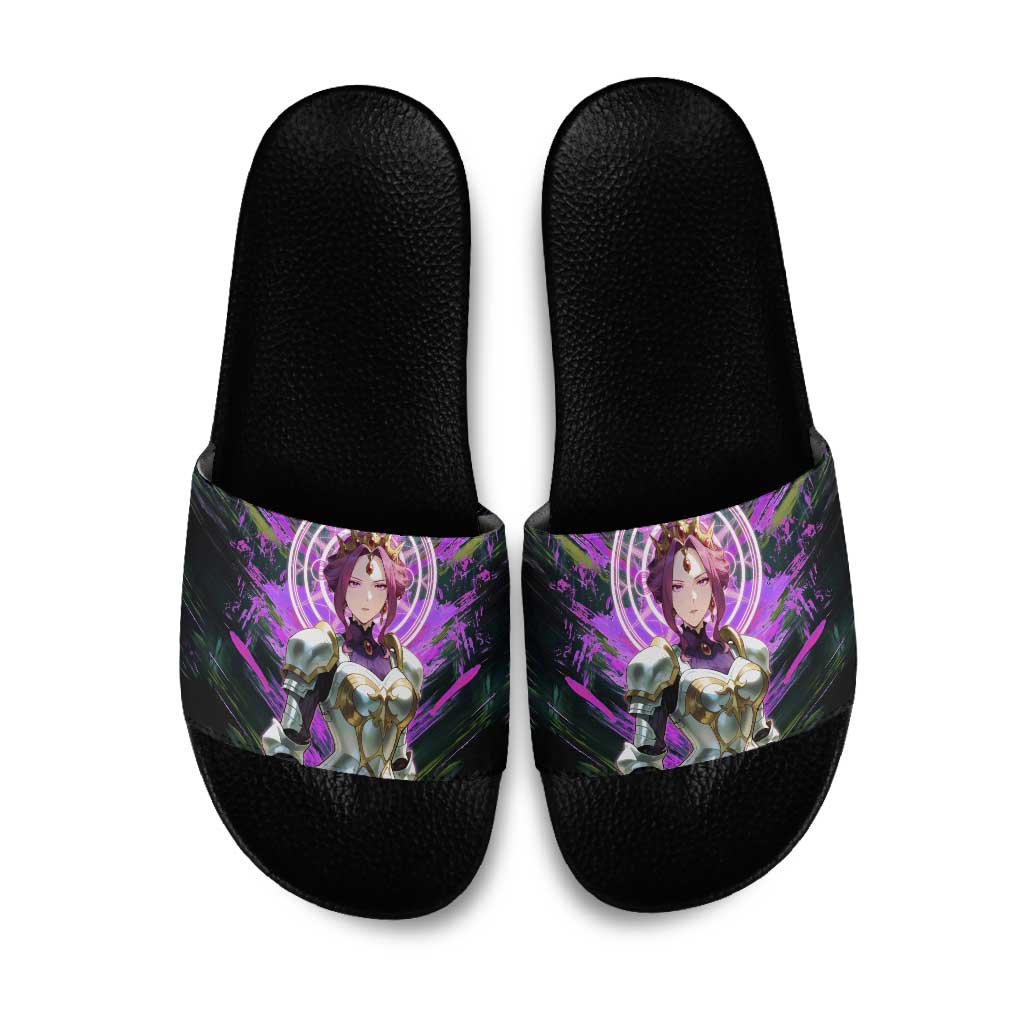Mirellia Q Melromarc The Rising of the Shield Hero Slide Sandals with Queen Armor and Magical Emblem Background - The Mazicc