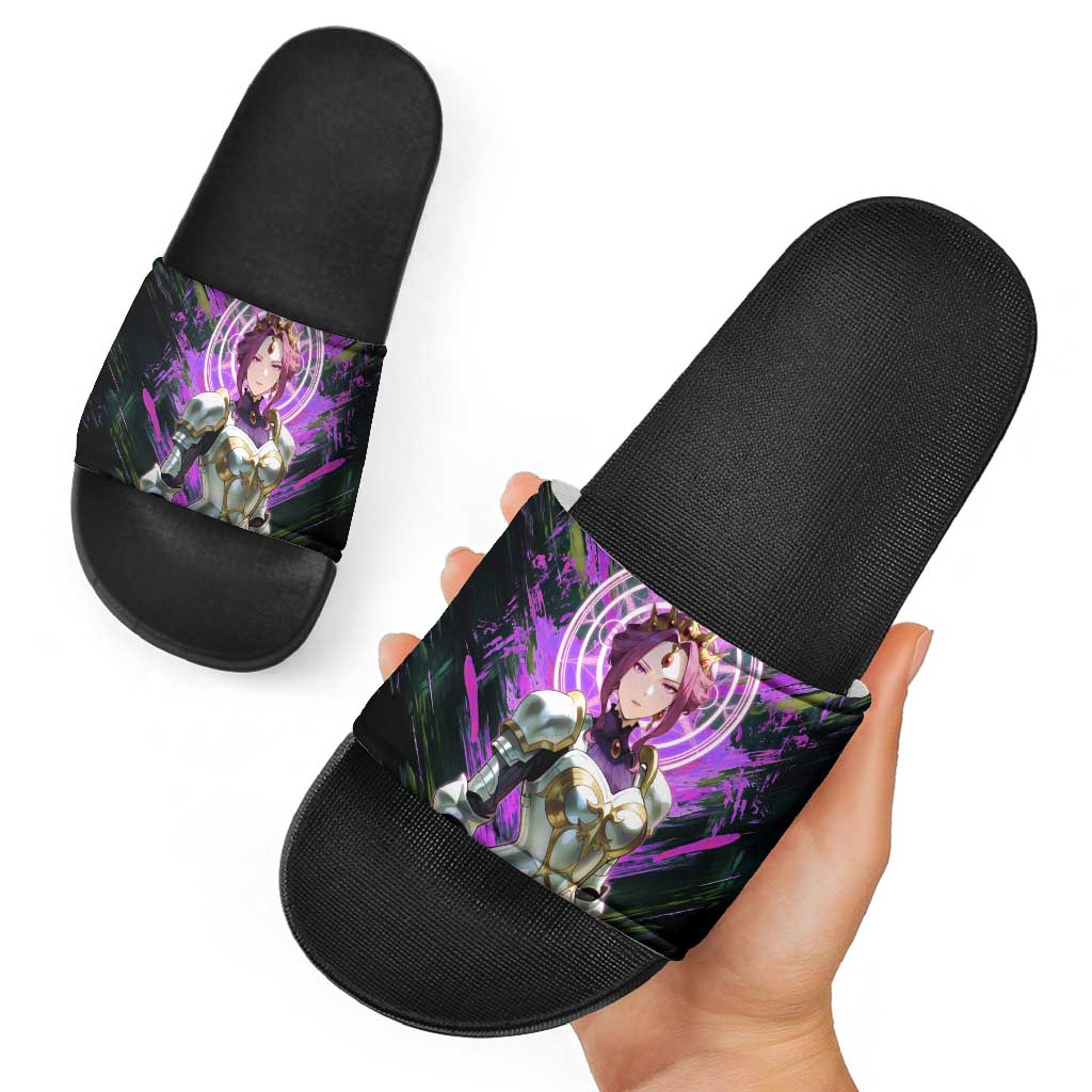 Mirellia Q Melromarc The Rising of the Shield Hero Slide Sandals with Queen Armor and Magical Emblem Background - The Mazicc