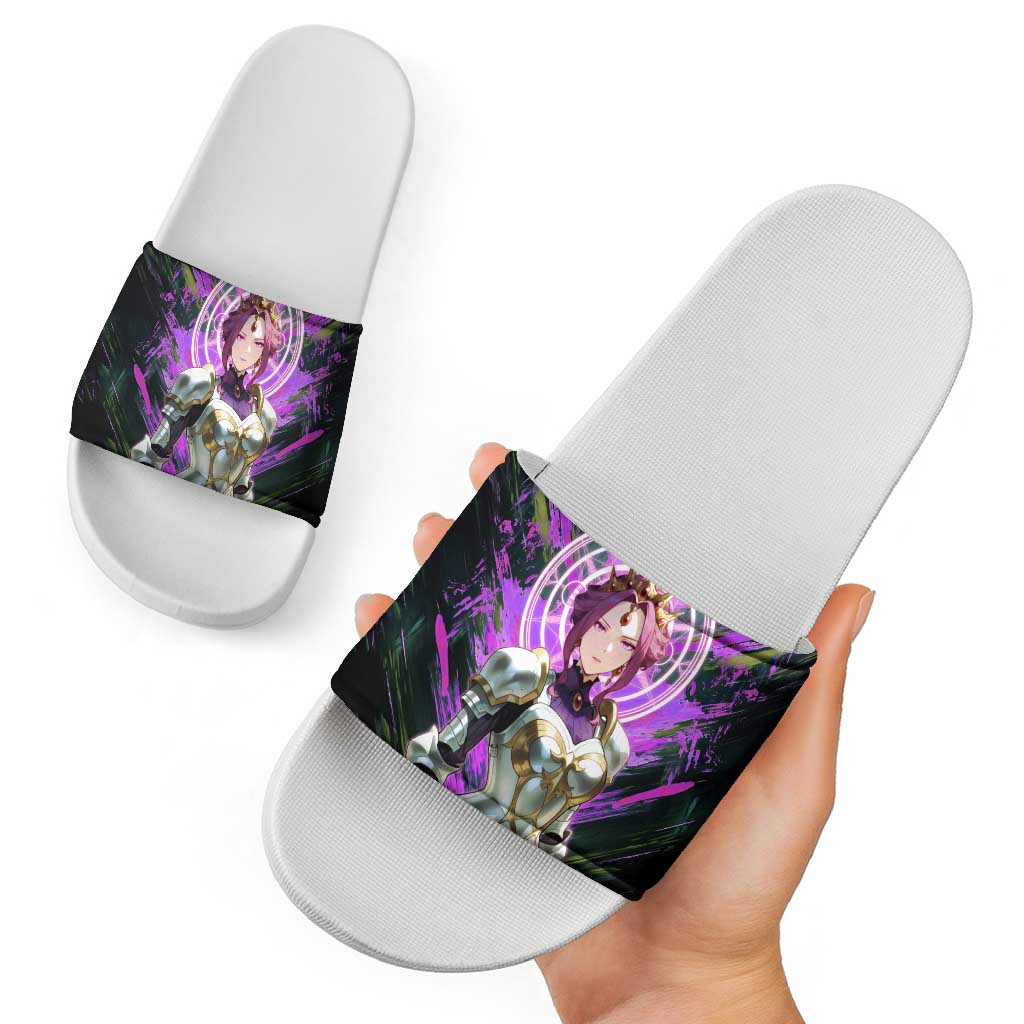 Mirellia Q Melromarc The Rising of the Shield Hero Slide Sandals with Queen Armor and Magical Emblem Background - The Mazicc