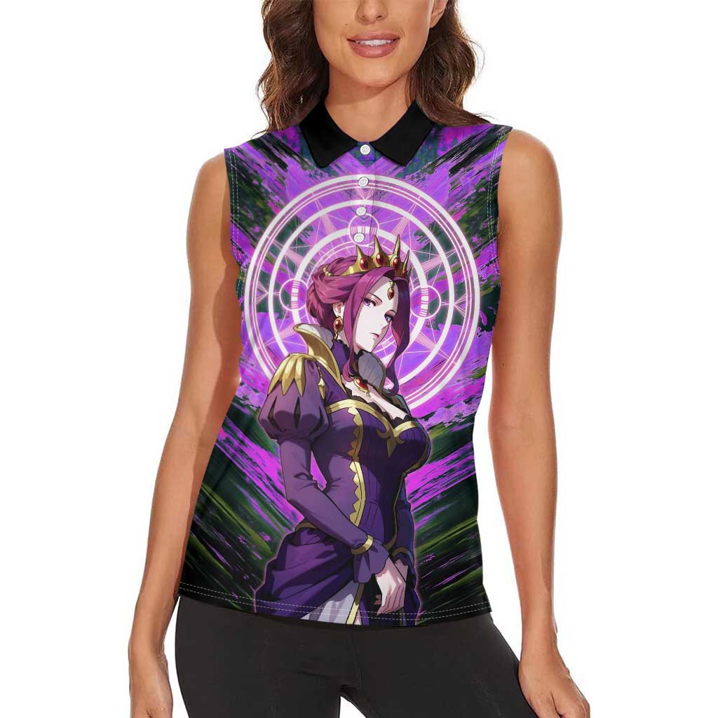 Mirellia Q Melromarc The Rising of the Shield Hero Women Sleeveless Polo Shirt with Queen Armor and Magical Emblem Background - The Mazicc