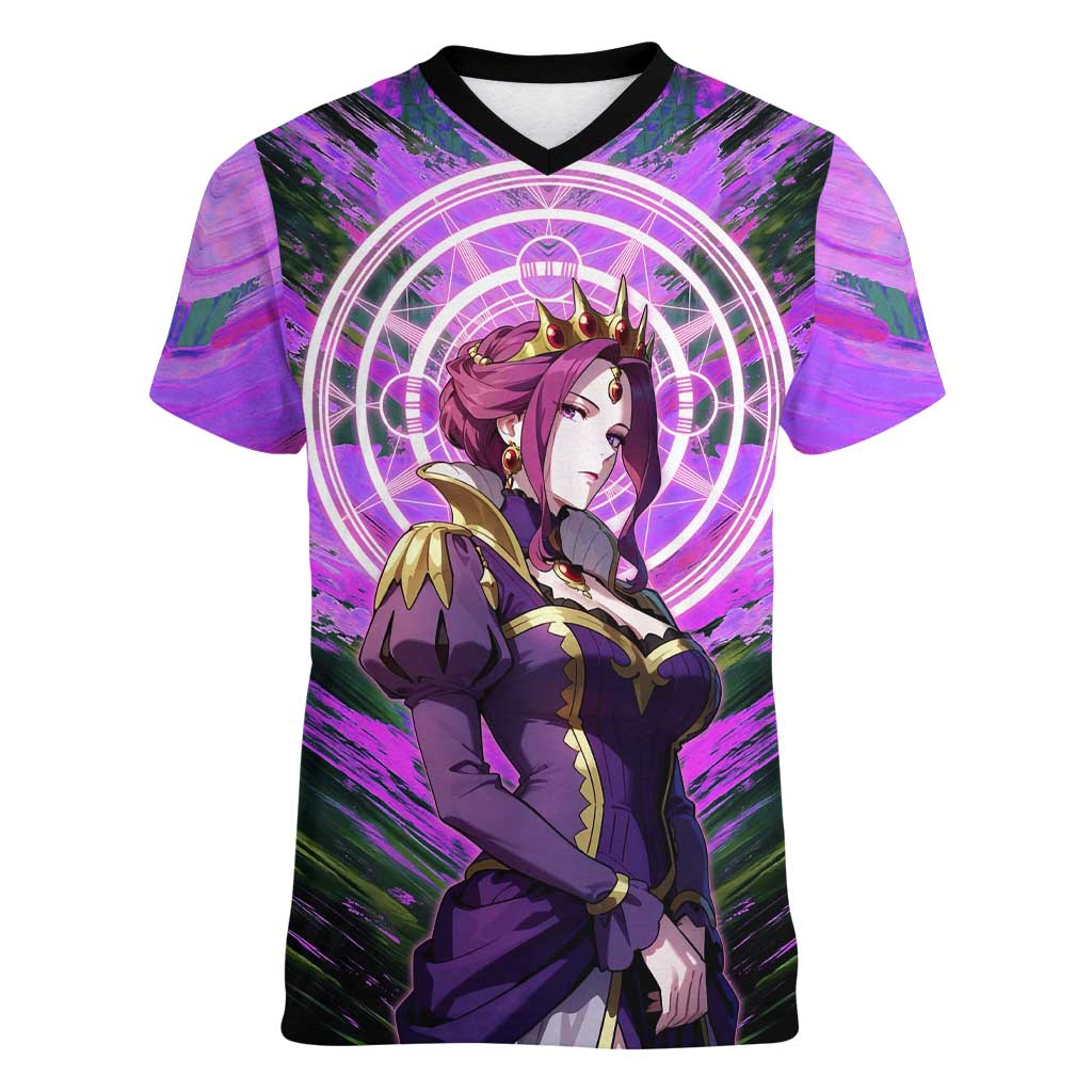 Mirellia Q Melromarc The Rising of the Shield Hero Women V-Neck T-Shirt with Queen Armor and Magical Emblem Background - The Mazicc