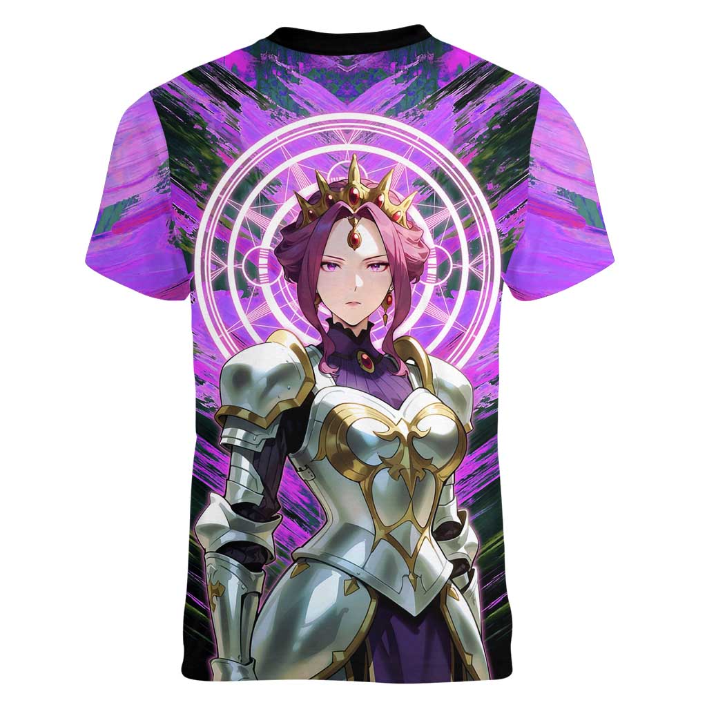 Mirellia Q Melromarc The Rising of the Shield Hero Women V-Neck T-Shirt with Queen Armor and Magical Emblem Background - The Mazicc
