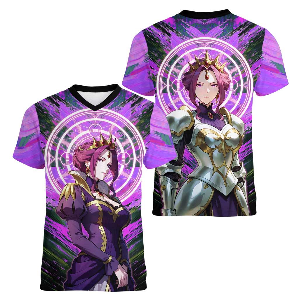 Mirellia Q Melromarc The Rising of the Shield Hero Women V-Neck T-Shirt with Queen Armor and Magical Emblem Background - The Mazicc