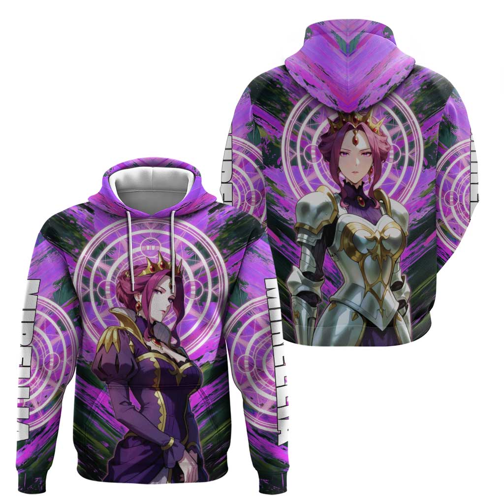 Mirellia Q Melromarc The Rising of the Shield Hero Zip Hoodie with Queen Armor and Magical Emblem Background - The Mazicc
