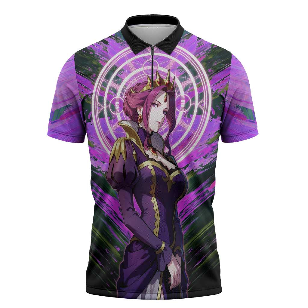Mirellia Q Melromarc The Rising of the Shield Hero Zipper Polo Shirt with Queen Armor and Magical Emblem Background - The Mazicc