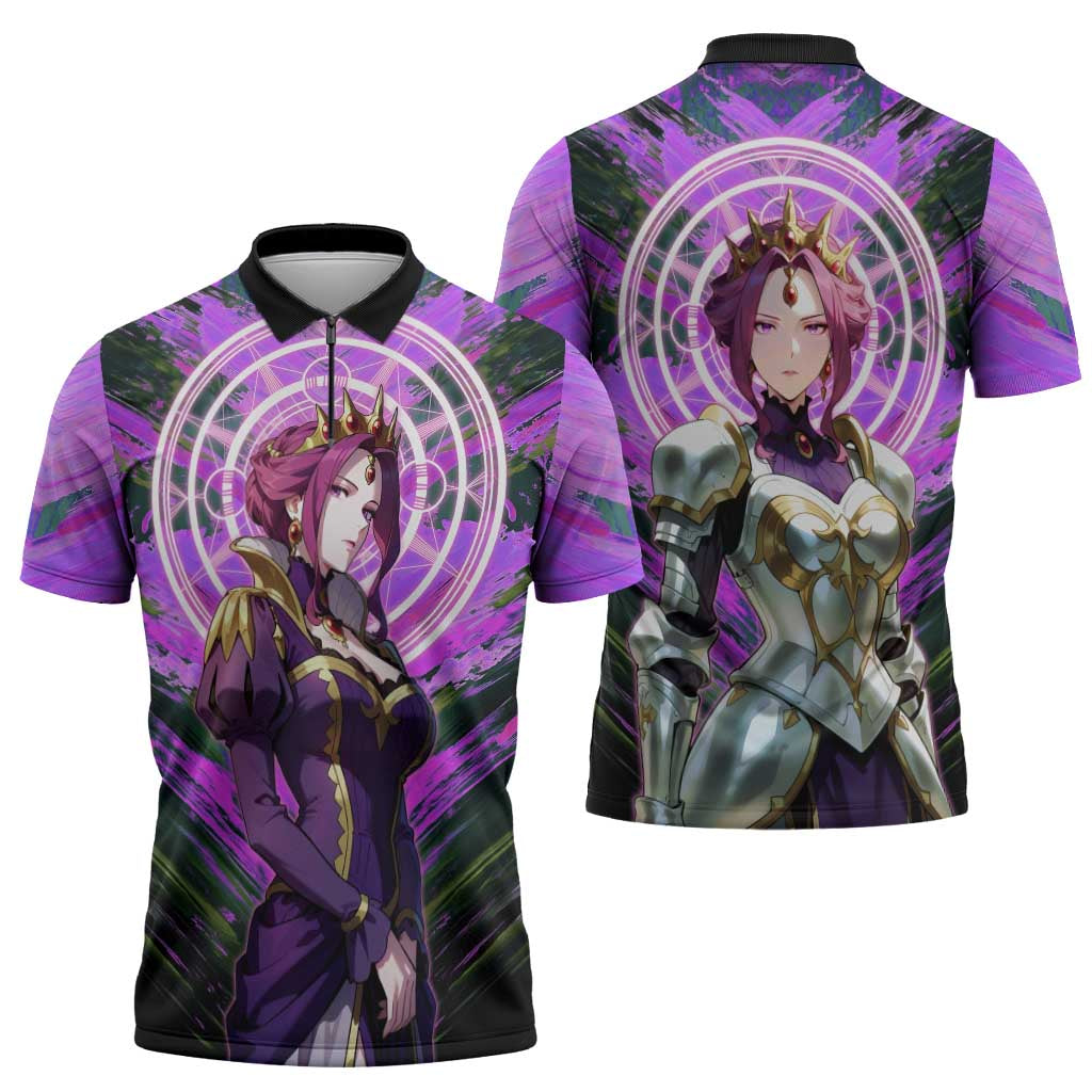 Mirellia Q Melromarc The Rising of the Shield Hero Zipper Polo Shirt with Queen Armor and Magical Emblem Background - The Mazicc