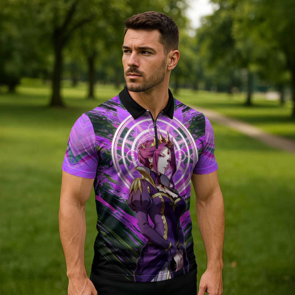 Mirellia Q Melromarc The Rising of the Shield Hero Zipper Polo Shirt with Queen Armor and Magical Emblem Background - The Mazicc
