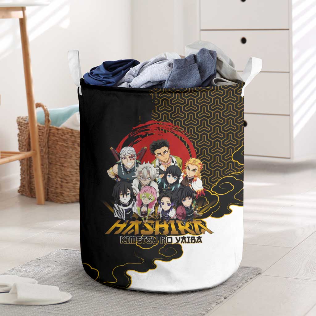 Demon Slayer Hashira Group Design Laundry Basket with Gold Cloud Pattern and Stylized Kanji Motif - The Mazicc