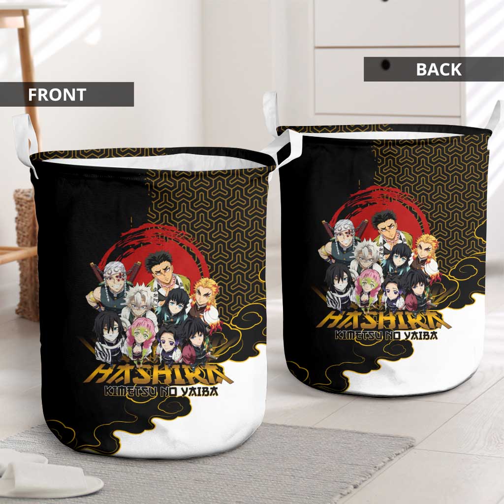 Demon Slayer Hashira Group Design Laundry Basket with Gold Cloud Pattern and Stylized Kanji Motif - The Mazicc