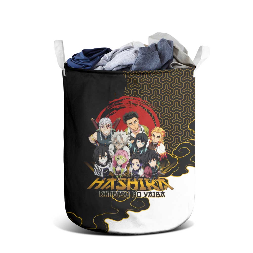 Demon Slayer Hashira Group Design Laundry Basket with Gold Cloud Pattern and Stylized Kanji Motif - The Mazicc