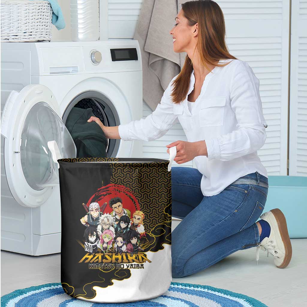 Demon Slayer Hashira Group Design Laundry Basket with Gold Cloud Pattern and Stylized Kanji Motif - The Mazicc